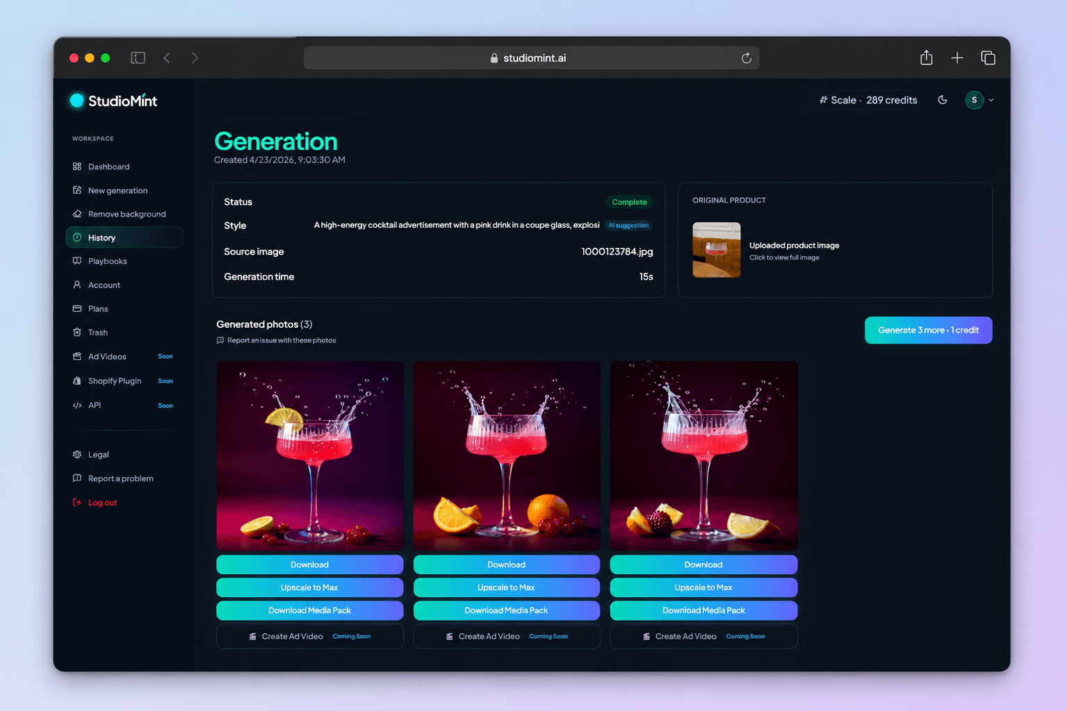 StudioMint generation workflow interface